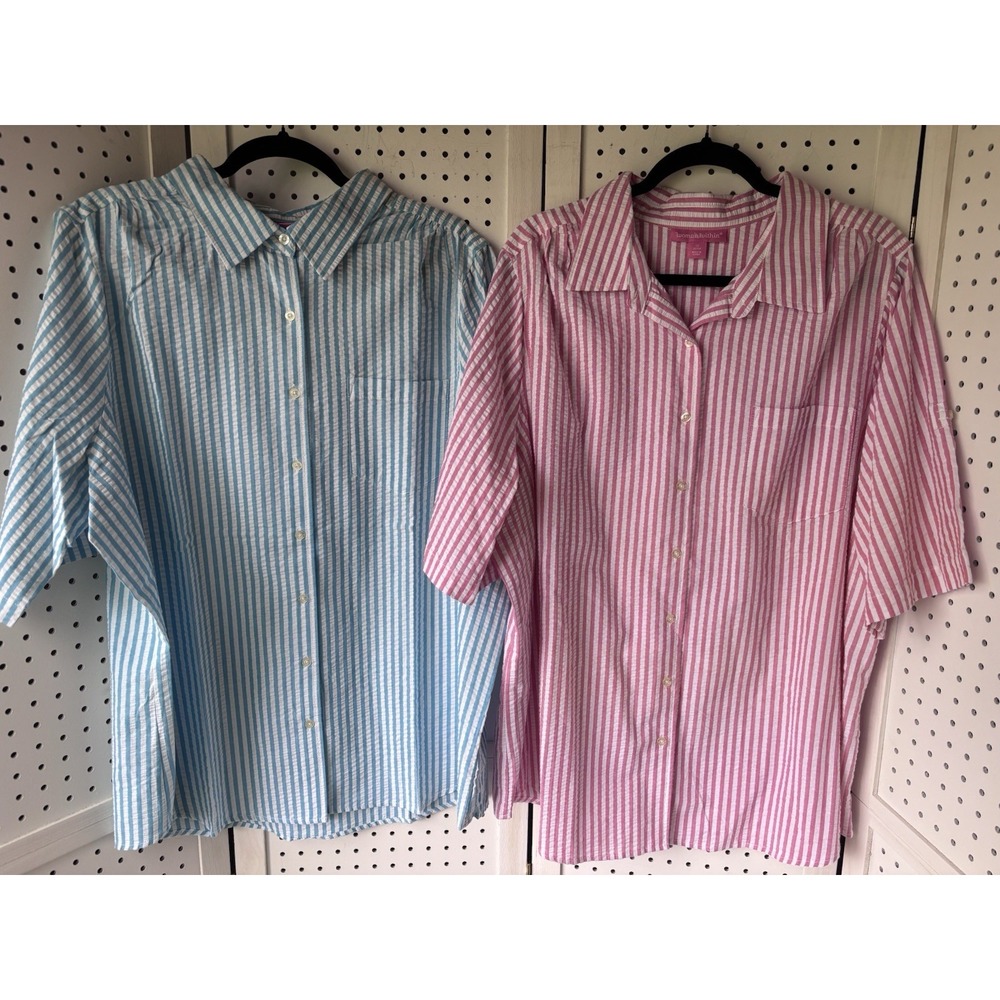 Woman Within 1X Button Down Striped Cotton Shirt Short SLV Lot/2 Pink Blue